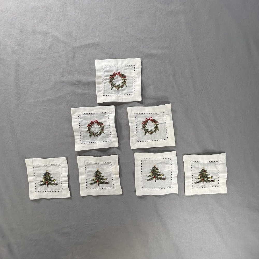 Holiday Cocktail Coasters Embroidered Christmas trees/wreaths Lot of 7 4x4"‎